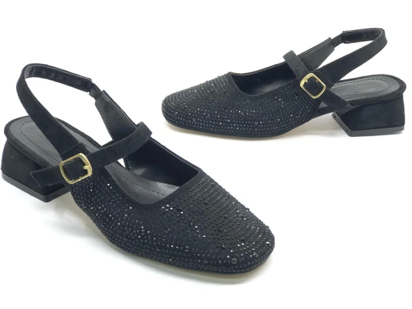 Seribo Taş Detaylı Kısa Topuklu Arkası Açık Kadın Babet Ayakkabı ürün görseli