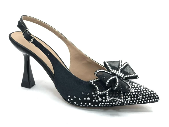 Feles Saten Kurdela Taş Detaylı Arkası Açık Stiletto Kadın Topuklu Ayakkabı - Resim 11