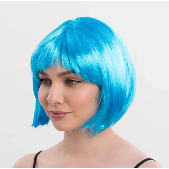 Turkuaz Açık Mavi Renk Düz Kesim Kısa Küt Parti Peruğu - 4