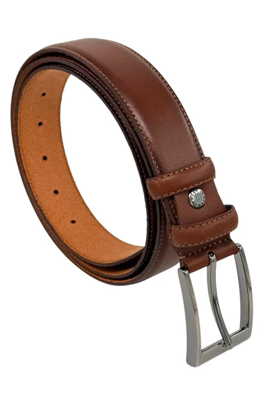 3.5 cm. Klasik Hakiki Deri Dikişli Model Düz Renk Erkek Kemer Açık Kahverengi - Resim 3