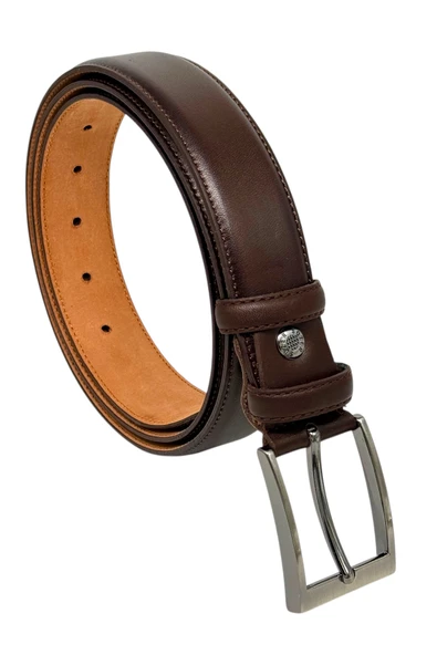 3.5 cm. Klasik Hakiki Deri Dikişli Model Düz Renk Erkek Kemer Koyu Kahverengi - 3