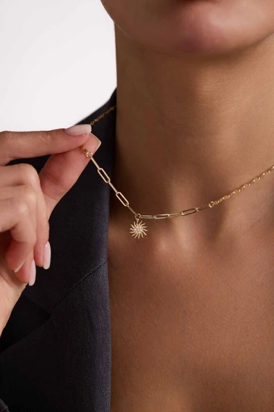 14 Ayar Altın Güneş Kolye İtaly Aynalı ve Ataç Zİncirli ürün görseli 1