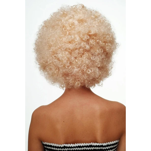 Altın Renk Kıvırcık Afro Bonus Peruk Saç Parti Peruğu Platin Gold - 4