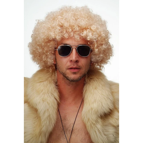 Altın Renk Kıvırcık Afro Bonus Peruk Saç Parti Peruğu Platin Gold - 3