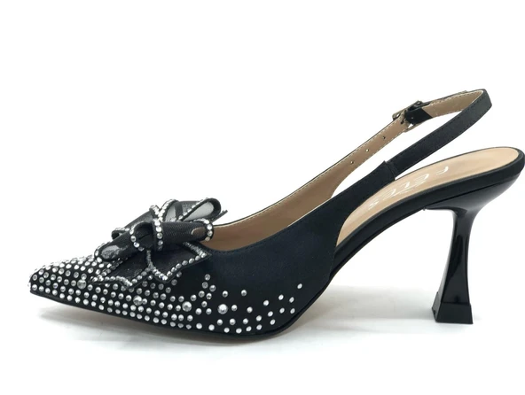 Feles Saten Kurdela Taş Detaylı Arkası Açık Stiletto Kadın Topuklu Ayakkabı - Resim 15