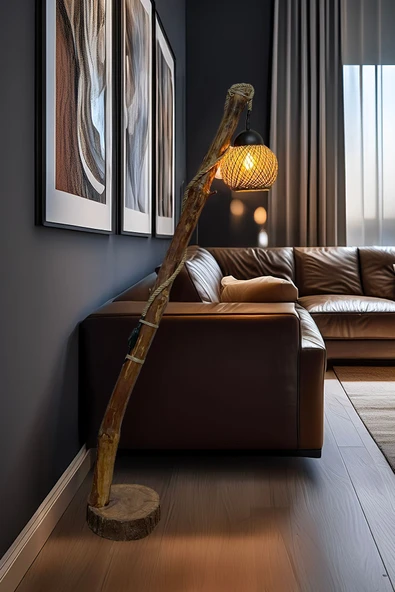 Celestia Dev Boy Doğal Ağaç Ayaklı Lambader Ahşap El Yapımı Rustik İskandinav Model Modern Avize Aydınlatma ürün görseli 1