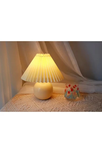 Alvina Aydınlatma Vintage Pileli Seramik Krem Komidin Yatak, Oturma, Çocuk Odası Çalışma Masası ve Gece Lambası - 3