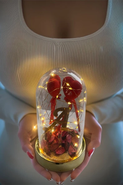 Celestia Sevgiliye Hediye Özel Kalpli Baş Harfli Fanus Lamba USB Yapay Çiçek Dekoratif Hediyelik - Resim 2