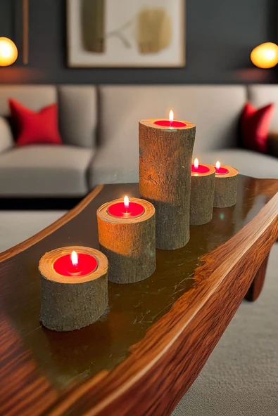 Celestia 5'li Tealight Mumluk Seti, Doğal Kütük, El Yapımı Ahşap, Rustik Modern Dekor Bohem & İskandinav Tarz ürün görseli 1