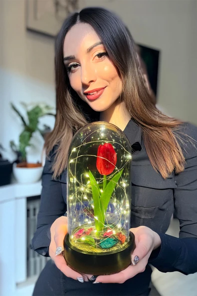 Celestia Sevgiliye Hediye Kırmızı Lale Peri Led Işıklı Aşk Fanusu Lamba Usb'li Yapay Çiçek Dekoratif Hediye - Resim 2