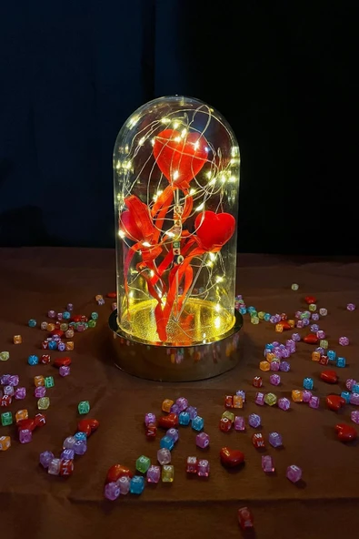 Celestia Anneler Gününe Özel Üçlü Kalp Peri Ledli Altın Sevgi Fanusu Usb'li Yapay Çiçek Dekoratif Hediyelik ürün görseli 1