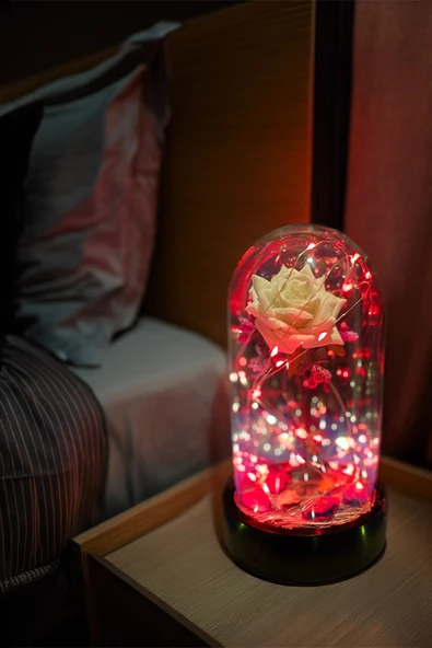 Celestia Anneler Gününe Özel Beyaz Gül Kırmızı Fanus Lamba Usb'li Yapay Çiçek Dekoratif Aydınlatma Hediyelik - Resim 2