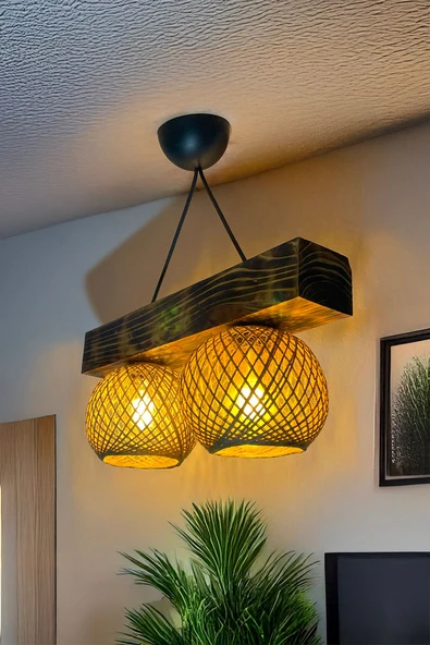 Celestia İkili Rustik Ahşap Avize El Yapımı Bohem Doğal Ahşap Tasarım İskandinav Dekor Lamba Halatlı Sarkıt ürün görseli 1