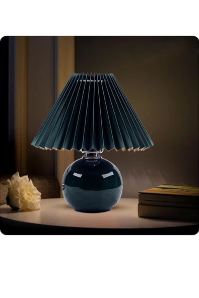 Alvina Aydınlatma Vintage Pileli Seramik Siyah Komidin Yatak, Oturma, Çocuk Odası Çalışma Masası ve Gece Lambası