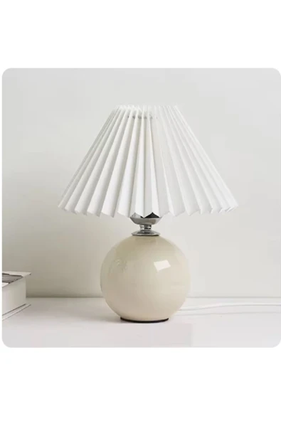 Alvina Aydınlatma Vintage Pileli Seramik Beyaz Komidin Yatak, Oturma, Çocuk Odası Çalışma Masası ve Gece Lambası