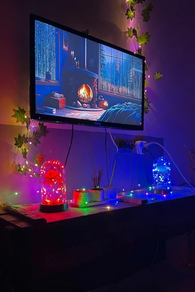 Celestia Anneler Gününe Özel Beyaz Gül Kırmızı Fanus Lamba Usb'li Yapay Çiçek Dekoratif Aydınlatma Hediyelik - Resim 7