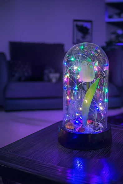 Celestia Anneler Gününe Özel Beyaz Lale RGB Peri Ledli Fanus Lamba USB'li Yapay Çiçek Dekoratif Hediyelik - Resim 2