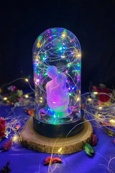 Celestia Sevgiliye Hediye Sevgili Figürlü Rgb Işıklı Aşk Fanusu Lamba Usb'li Yapay Çiçek Dekoratif Hediyelik