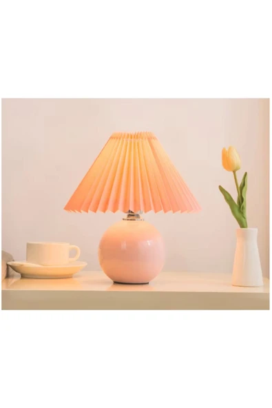 Alvina Aydınlatma Vintage Pileli Seramik Pembe Komidin Yatak, Oturma, Çocuk Odası Çalışma Masası ve Gece Lambası - 4