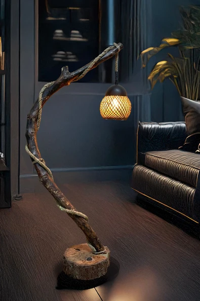 Celestia Doğal Ağaç Ayaklı Lambader Ahşap El Yapımı Rustik İskandinav Model Modern Eskitme Avize Aydınlatma ürün görseli 1