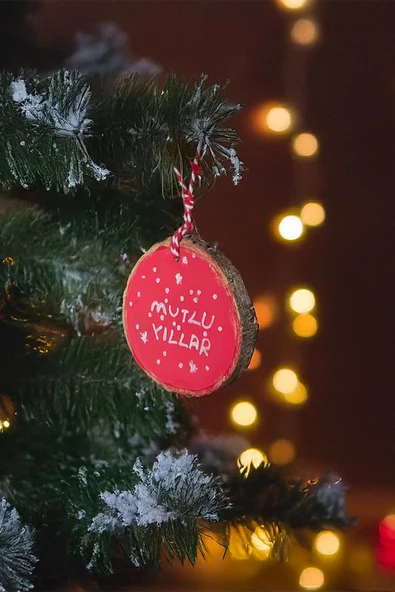 Celestia Yılbaşı Ağacı Süsü "Mutlu Yıllar" Ahşap El Yapımı Kütük Dilimi - 1