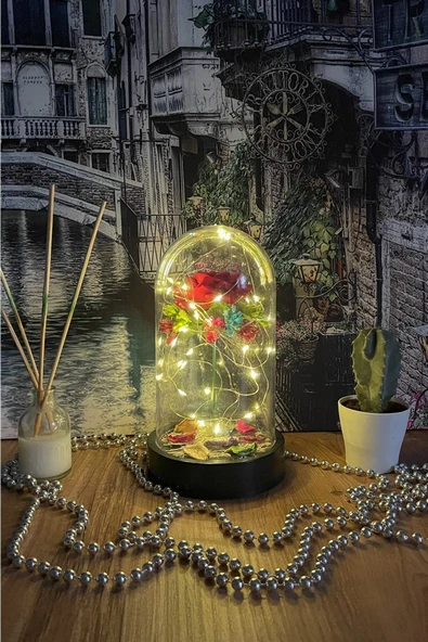 Celestia Sevgiliye Hediye Kırmızı Gül Led Aşk Fanusu Lamba Usb'li Yapay Çiçek Dekoratif Aydınlatma Hediyelik - Resim 4