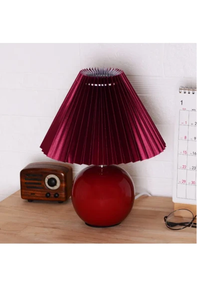 Alvina Aydınlatma Vintage Pileli Seramik Kırmızı Komidin Yatak, Oturma, Çocuk Odası Çalışma Masası ve Gece Lambası