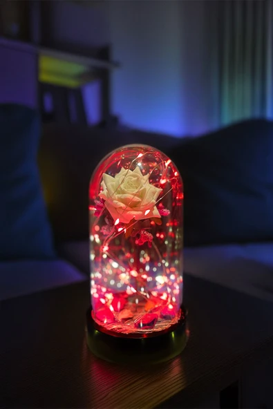 Celestia Anneler Gününe Özel Beyaz Gül Kırmızı Fanus Lamba Usb'li Yapay Çiçek Dekoratif Aydınlatma Hediyelik