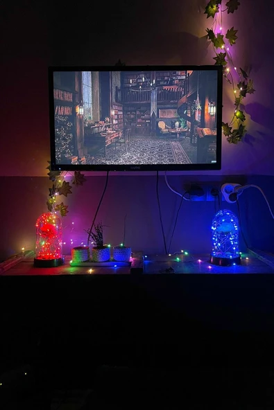 Celestia Anneler Gününe Özel Beyaz Gül Kırmızı Fanus Lamba Usb'li Yapay Çiçek Dekoratif Aydınlatma Hediyelik - Resim 6