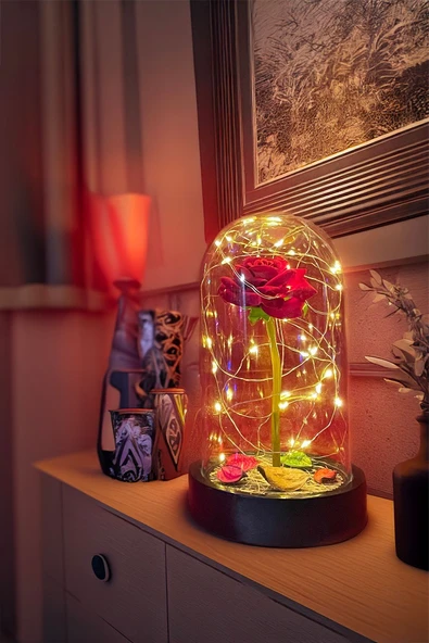 Celestia Sevgiliye Hediye Kırmızı Gül Led Aşk Fanusu Lamba Usb'li Yapay Çiçek Dekoratif Aydınlatma Hediyelik