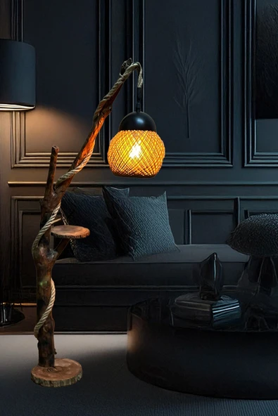 Celestia Sehpalı Doğal Ağaç Ayaklı Lambader Ahşap El Yapımı Rustik İskandinav Model Modern Avize Aydınlatma - Resim 2