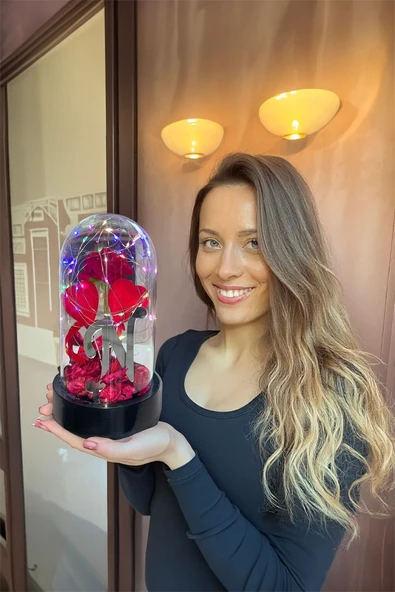 Celestia Sevgiliye Hediye Özel Kalpli Baş Harfli Fanus Lamba USB Yapay Çiçek Dekoratif Hediyelik - Resim 5