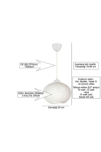 Alvina Aydınlatma ALVİN İP TEKLİ AVİZE, BEYAZ - 3