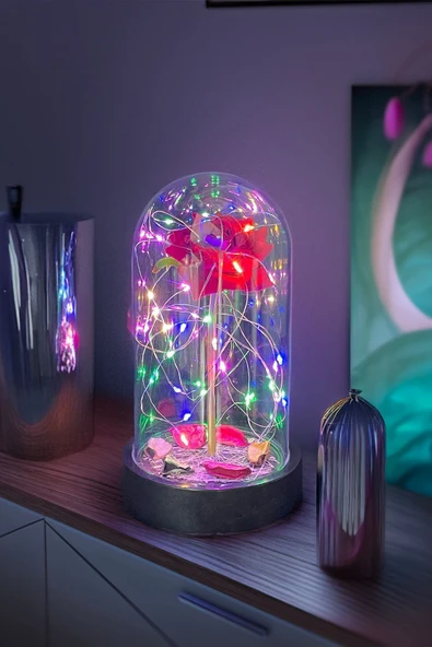 Celestia Anneler Gününe Özel Kırmızı Gül Rgb Fanus Lamba Usb'li Yapay Çiçek Dekoratif Aydınlatma Hediyelik