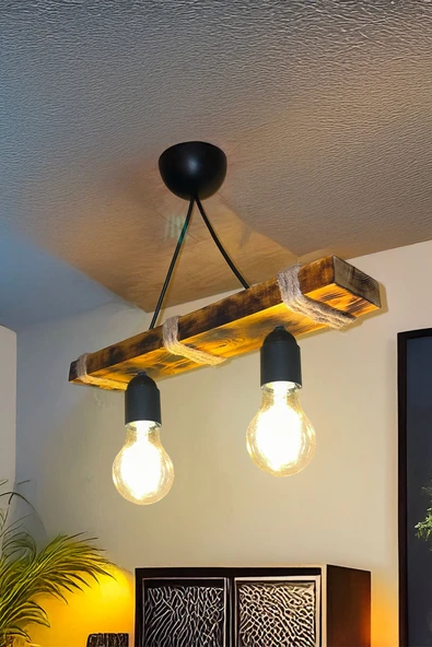 Celestia İkili Rustik Ahşap Avize El Yapımı Bohem Doğal Ahşap Tasarım İskandinav Dekor Lamba Halatlı Sarkıt ürün görseli 1