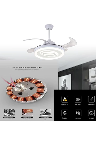 Alvina Aydınlatma Tavan Vantilatörü Aydınlatmalı Gizli Kanat Pervaneli Kumandalı Açılır-kapanır Kanat 3 Işık Rengi-10 - 7