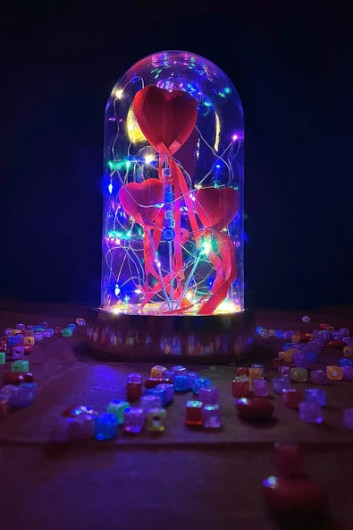 Celestia Anneler Gününe Özel Üçlü Kalp Rgb Altın Sevgi Fanusu Lamba Usb'li Yapay Çiçek Dekoratif Hediyelik ürün görseli