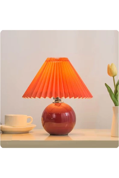 Alvina Aydınlatma Vintage Pileli Seramik Kırmızı Komidin Yatak, Oturma, Çocuk Odası Çalışma Masası ve Gece Lambası - 2