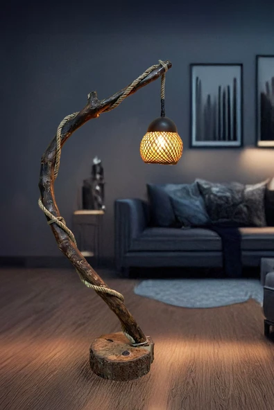 Celestia Doğal Ağaç Ayaklı Lambader Ahşap El Yapımı Rustik İskandinav Model Modern Eskitme Avize Aydınlatma - Resim 3