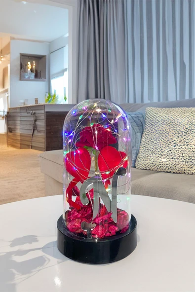 Celestia Sevgiliye Hediye Özel Kalpli Baş Harfli Fanus Lamba USB Yapay Çiçek Dekoratif Hediyelik - Resim 4