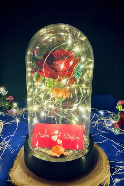 Celestia Anneler Gününe Özel Kırmızı Gül Ledli Fanus Lamba Usb'li Yapay Çiçek Dekoratif Aydınlatma Hediyelik - 3