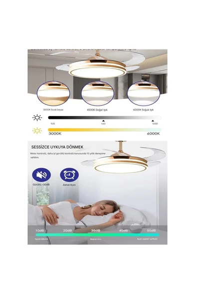 Alvina Aydınlatma Tavan Vantilatörü Aydınlatmalı Gizli Kanat Pervaneli Kumandalı Açılır-kapanır Kanat 3 Işık Rengi-11 - 7