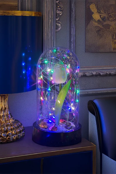 Celestia Sevgiliye Hediye Beyaz Lale RGB Peri Ledli Fanus Lamba USB'li Yapay Çiçek Dekoratif Hediyelik