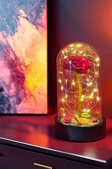Celestia Anneler Gününe Özel Kırmızı Gül Ledli Fanus Lamba Usb'li Yapay Çiçek Dekoratif Aydınlatma Hediyelik - 2