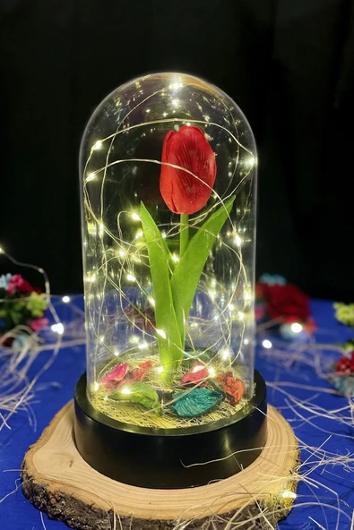 Celestia Sevgiliye Hediye Kırmızı Lale Peri Led Işıklı Aşk Fanusu Lamba Usb'li Yapay Çiçek Dekoratif Hediye - Resim 8