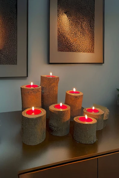 Celestia 7'li Tealight Mumluk Seti, Doğal Kütük, El Yapımı Ahşap, Rustik Modern Dekor Bohem & İskandinav Tarz