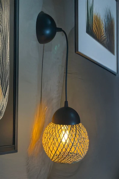 Celestia Siyah Rattan Duvar Apliği Modern Rustik Dekoratif Aydınlatma Şık Avize Modeli