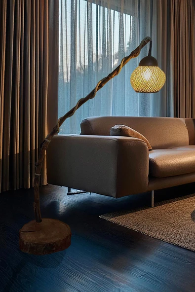 Celestia Doğal Ağaç Ayaklı Lambader Ahşap El Yapımı Rustik İskandinav Model Modern Eskitme Avize Aydınlatma - Resim 4