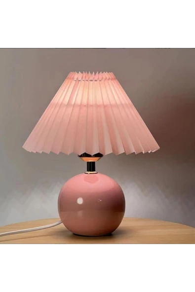 Alvina Aydınlatma Vintage Pileli Seramik Pembe Komidin Yatak, Oturma, Çocuk Odası Çalışma Masası ve Gece Lambası - 2