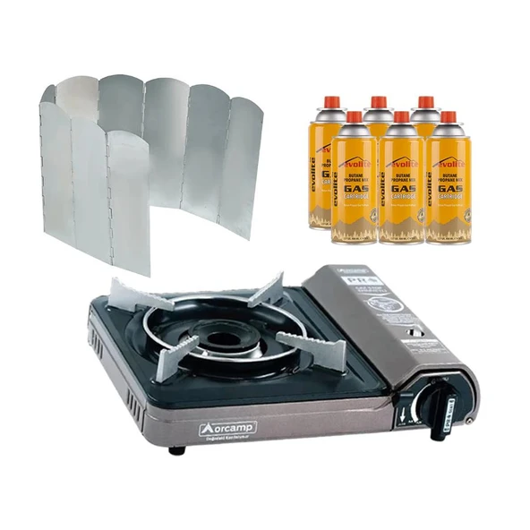Orcamp Portatif Kamp Ocağı Gri + 9 Kanatlı Rüzgarlık + 6 Evolite 227 gr Gaz Kartuşu EVO-001-H5